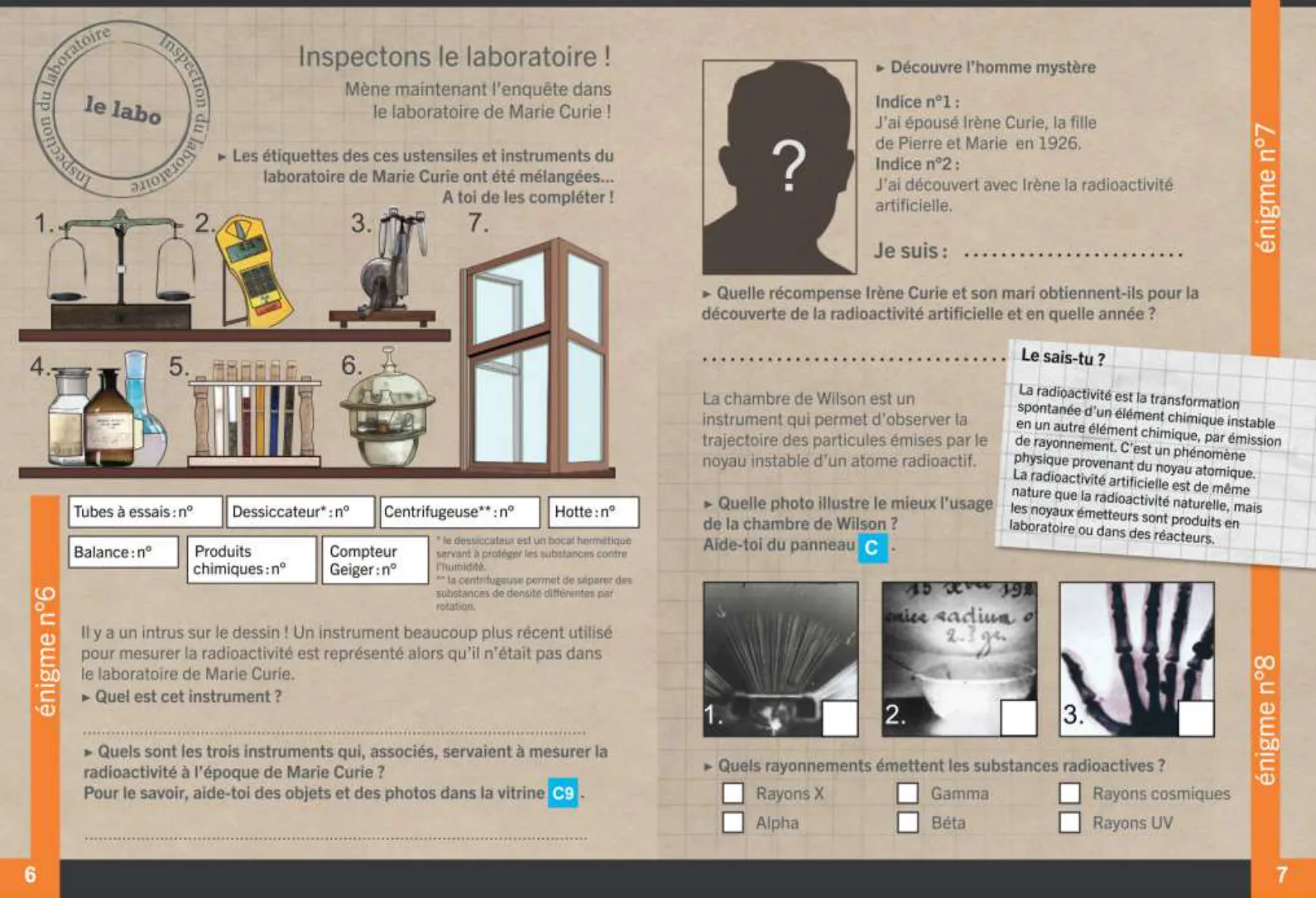 Booklet spread: enigmas 6 to 8 on the laboratory, the mystery man and the cloud chamber
