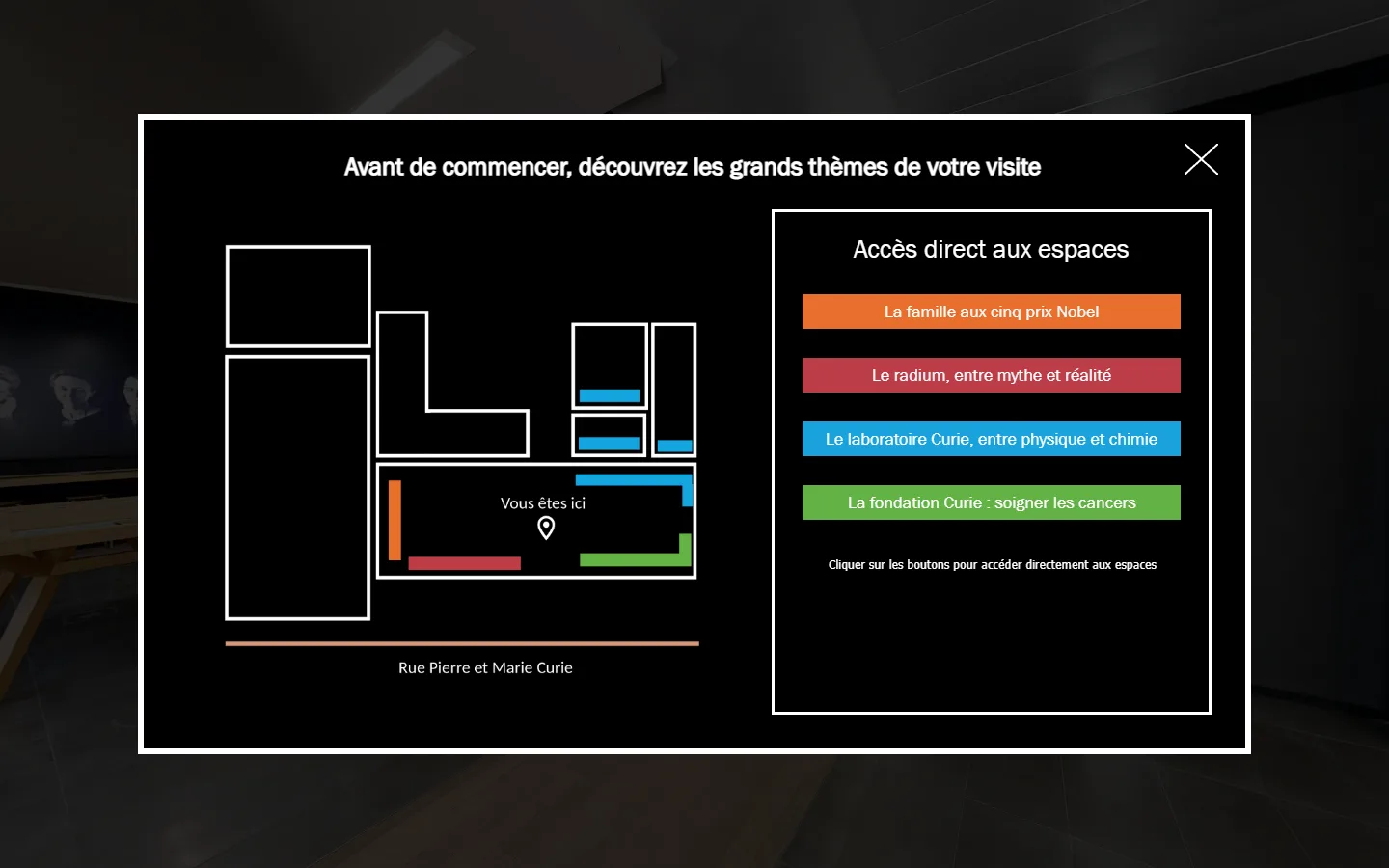 Welcome screen of the 360° visit with a plan of the four spaces