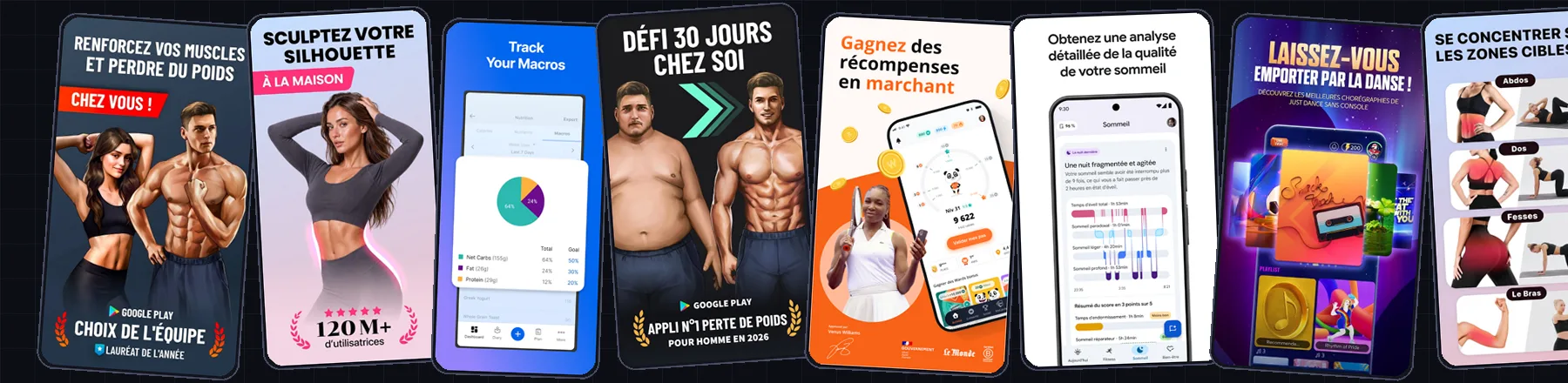 Play Store screenshots of MyFitnessPal, WeWard and two workout apps, one for women and one for men