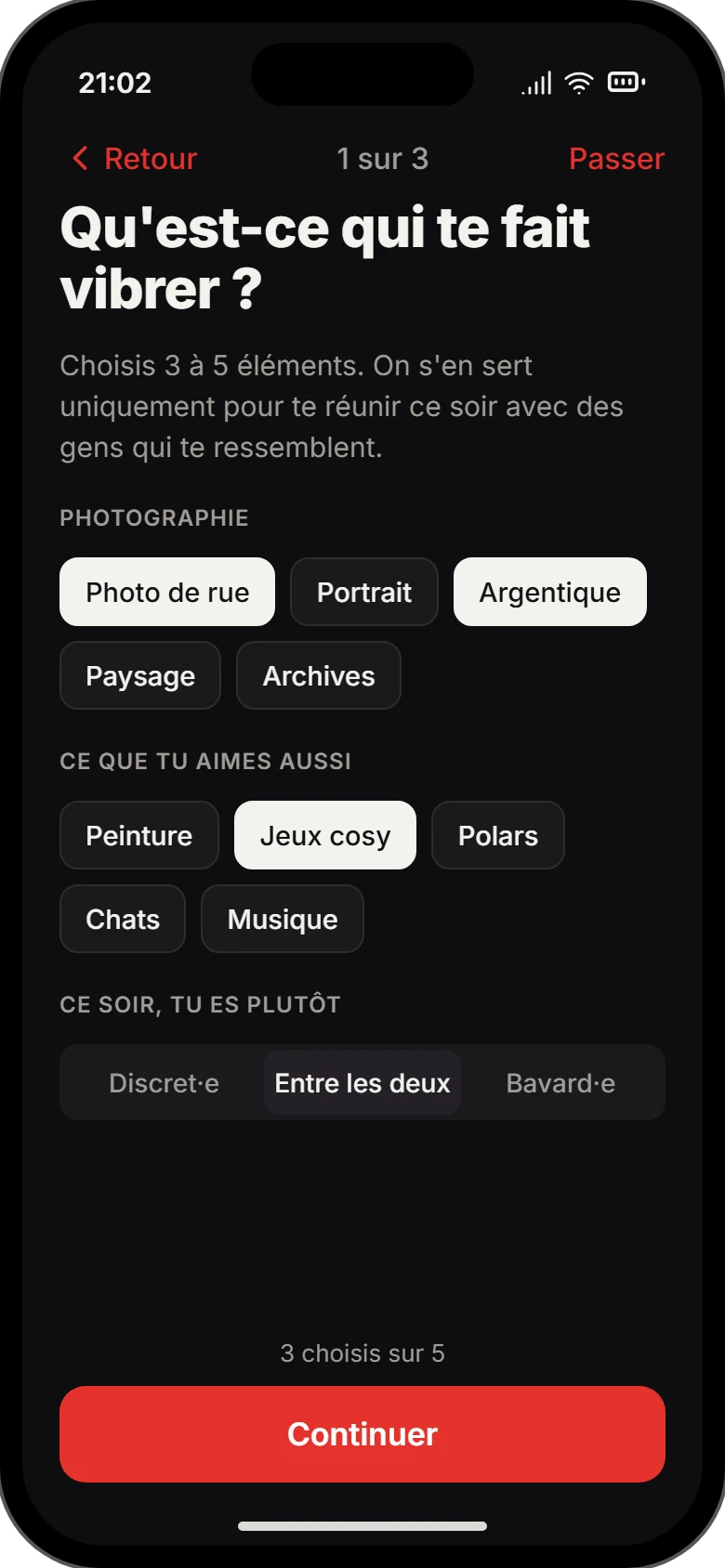Tastes screen