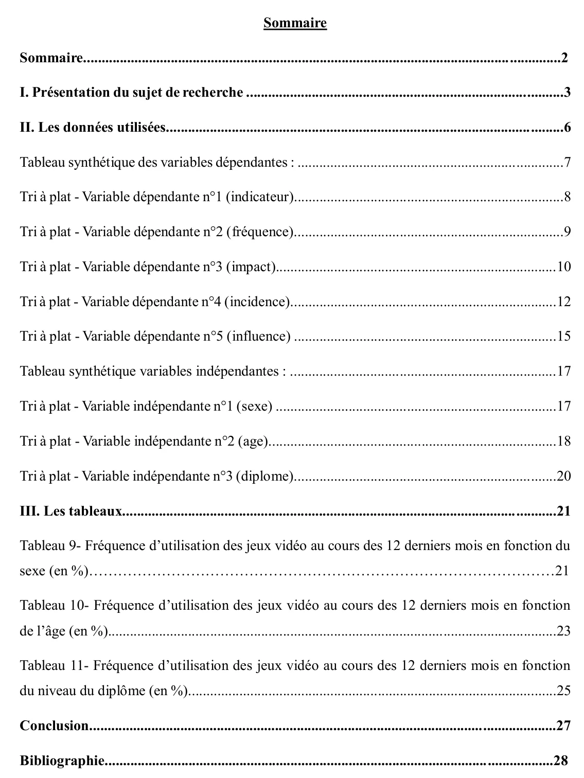Table of contents of the BA dossier