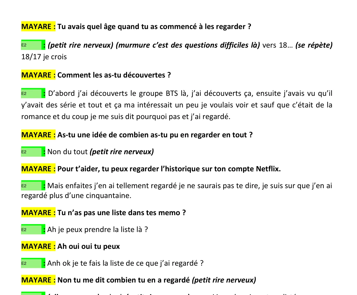 Extract of my transcription, interviewee renamed E2