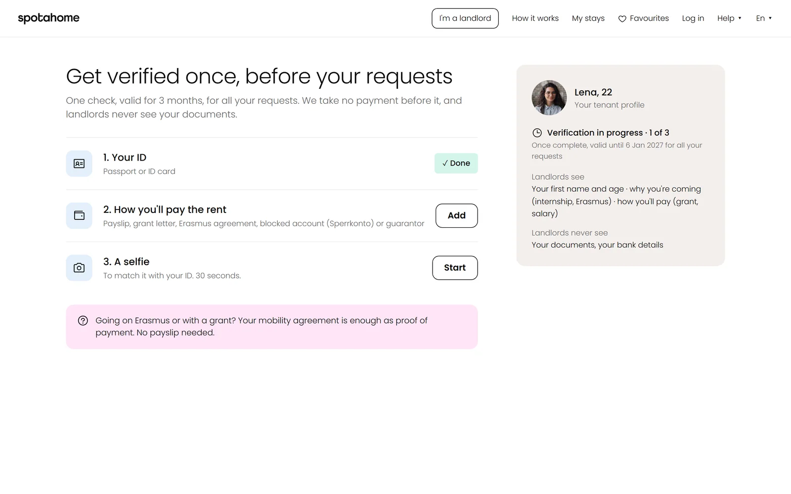 Get verified once, before any request: documents students actually have are accepted.