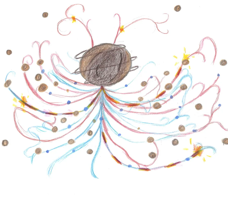 A sphere radiating threads and beads